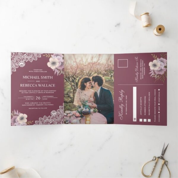Elegant Dusty Pink Floral Lace Wedding Photo Tri-Fold Invitation
