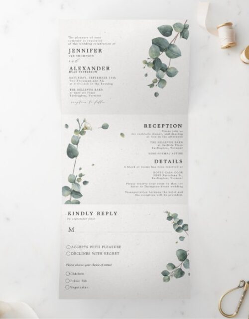 Elegant Eucalyptus All in one Wedding Tri-Fold Invitation
