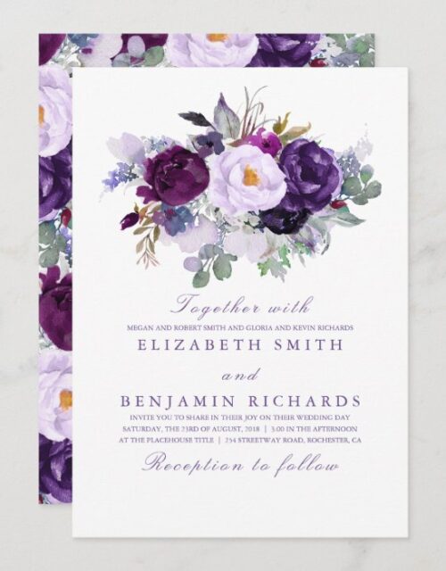 Elegant Floral | Purple Watercolors Wedding Invitation