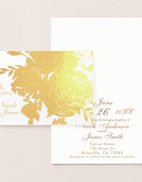 Elegant Glamour Gold Foil Rose Floral Wedding Foil Card