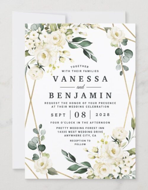 Elegant Gold Geometric Floral Greenery Wedding Invitation