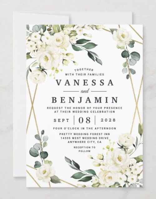 Elegant Gold Geometric Floral Greenery Wedding Invitation