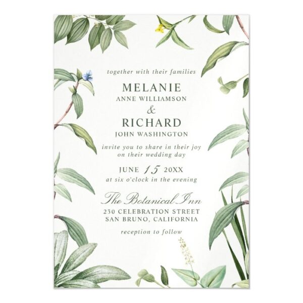 Elegant Green & White Botanical Leaves Wedding Magnetic Invitation