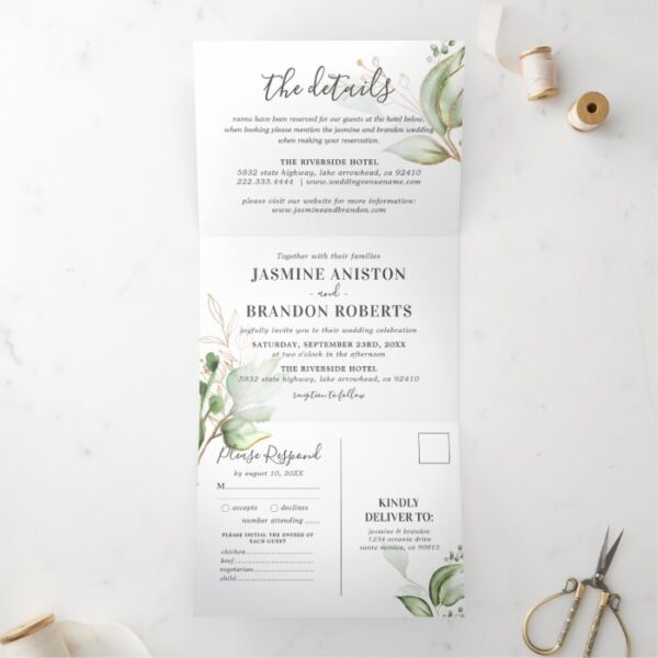 Elegant Greenery and Gold Wedding All In One Tri-Fold Invitation