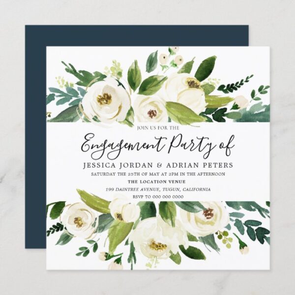 Elegant Greenery White Floral Engagement Party Invitation
