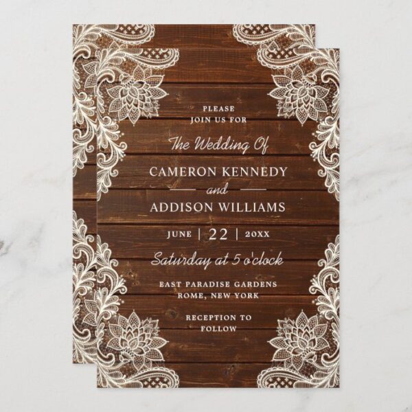 Elegant Lace Floral Rustic Wood Wedding Invitation