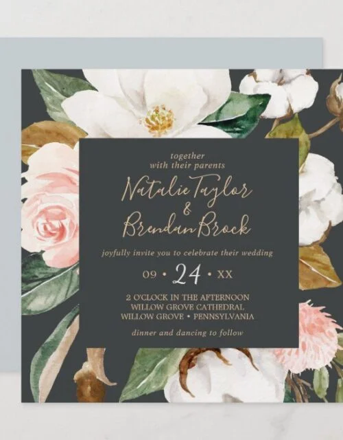 Elegant Magnolia | Black and White Square Wedding Invitation