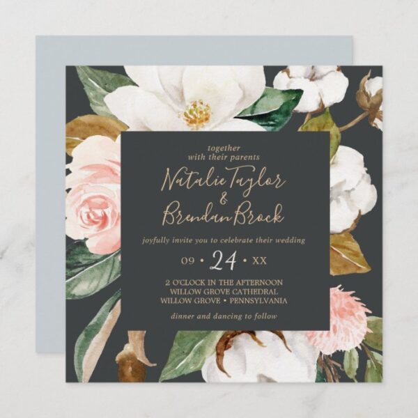 Elegant Magnolia | Black and White Square Wedding Invitation