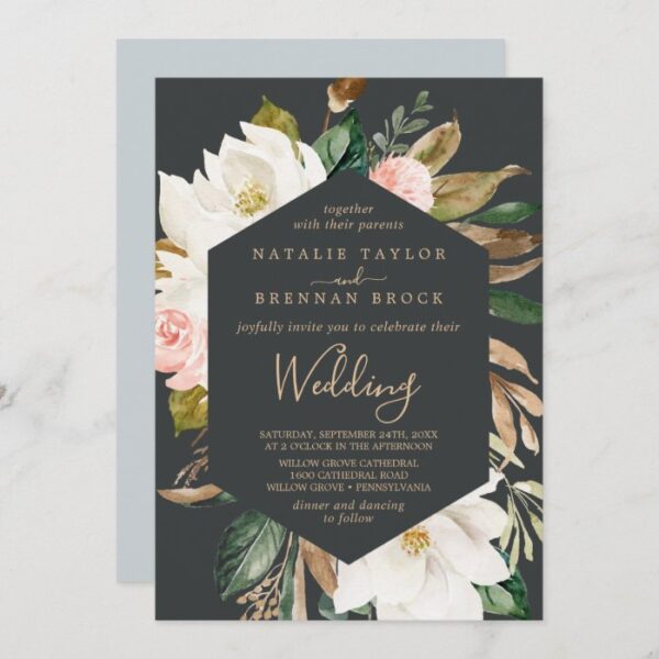 Elegant Magnolia | Black and White Wedding Invitation