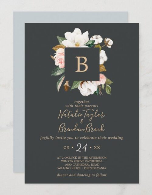 Elegant Magnolia | Black & White Monogram Wedding Invitation