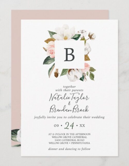 Elegant Magnolia White & Blush All In One Wedding Invitation