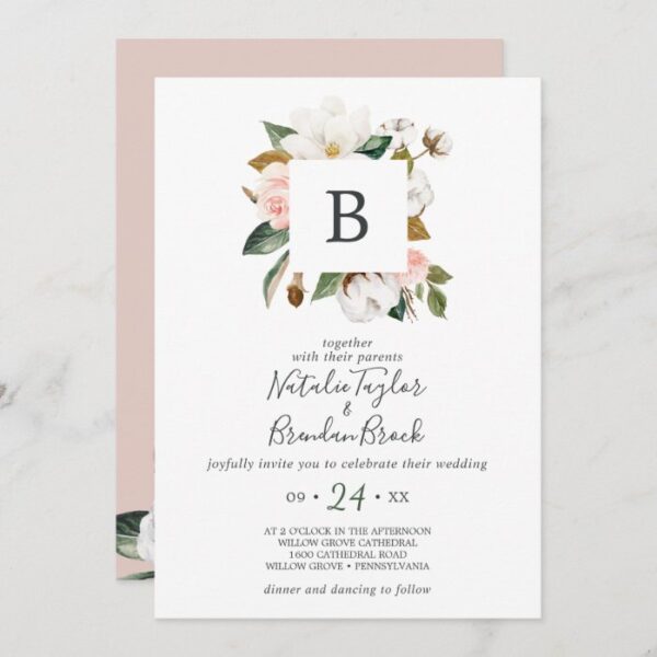 Elegant Magnolia White & Blush All In One Wedding Invitation