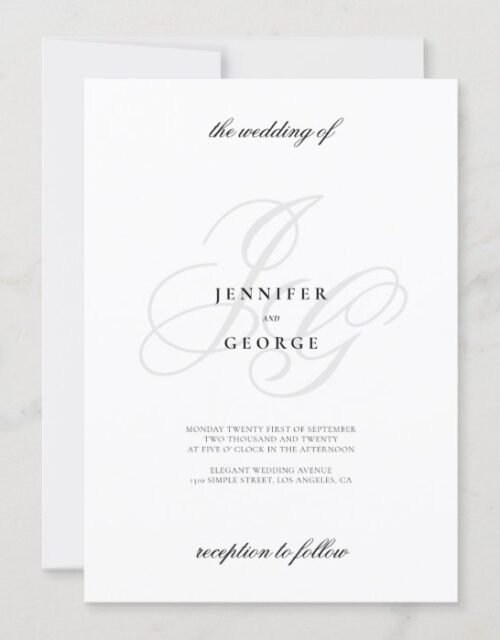 Elegant monogram initals stylish white wedding invitation