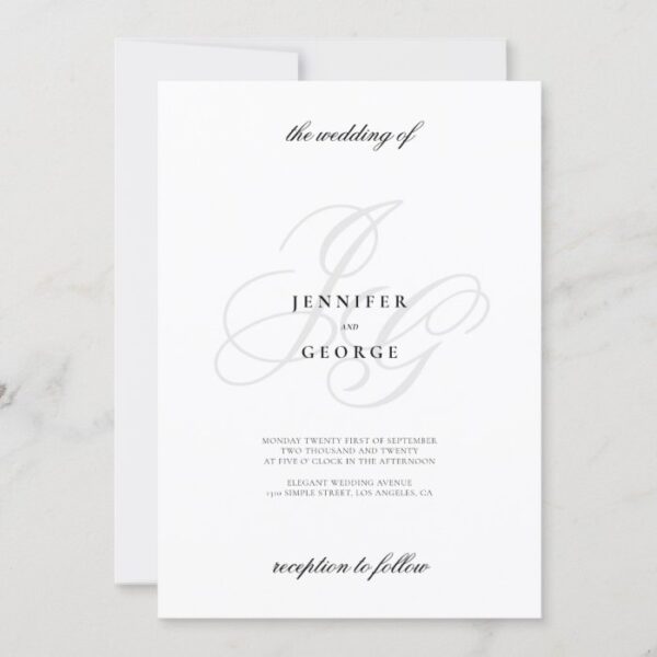 Elegant monogram initals stylish white wedding invitation