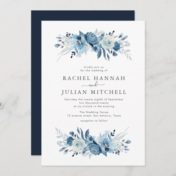 Elegant moonlight blue watercolor floral wedding invitation