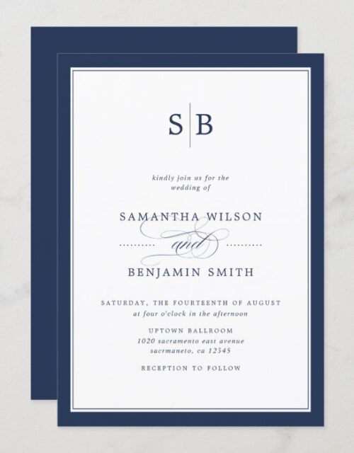 Elegant Navy And White Monogram Wedding Invitation