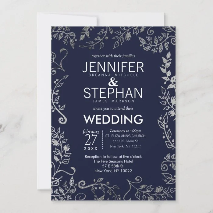 Elegant Navy Blue Rose Silver Floral Wedding Invitation