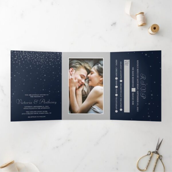 Elegant Navy & Silver Falling Stars Wedding Suite Tri-Fold Invitation