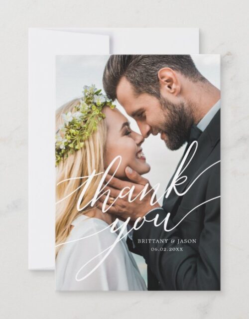Elegant Overlay Hand Lettered Script Wedding Photo Thank You Card