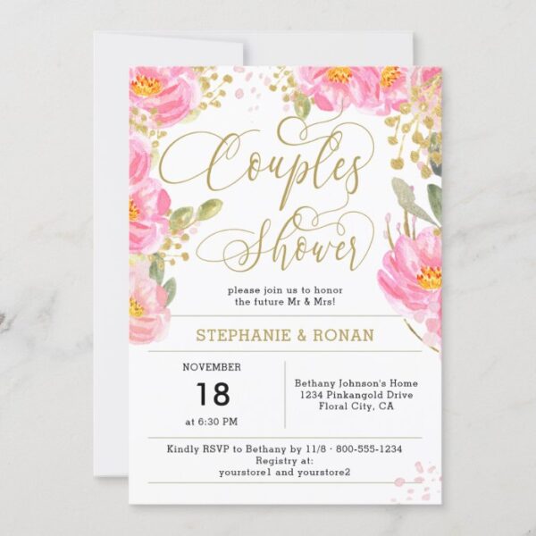 Elegant Pink and Gold Floral Couples Shower Invitation