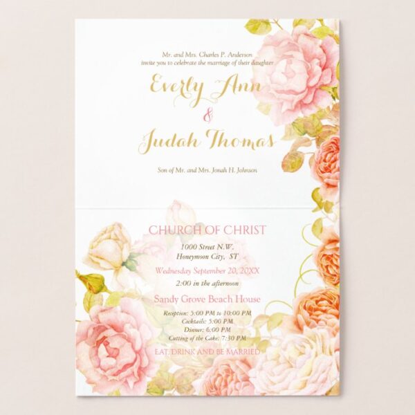 Elegant Pink, Coral and Gold Foil Rose Wedding Foil Card