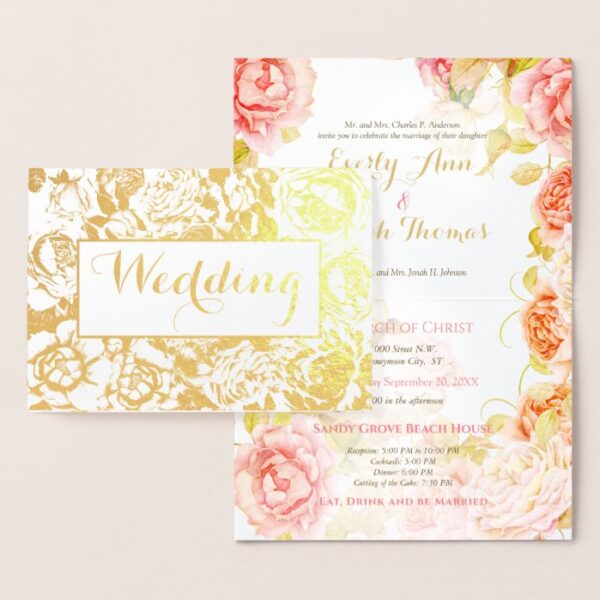 Elegant Pink, Coral Gold Foil Rose Wedding Foil Card