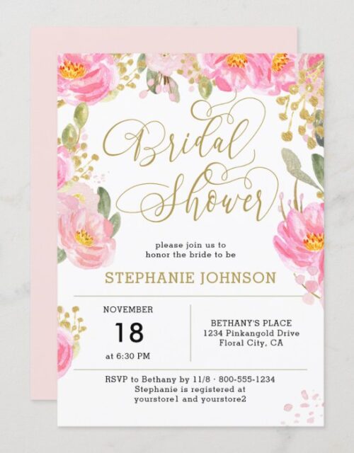 Elegant Pink Gold Watercolor Floral Bridal Shower Invitation