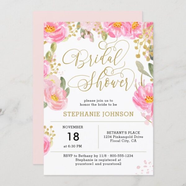 Elegant Pink Gold Watercolor Floral Bridal Shower Invitation