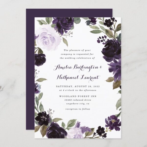 Elegant Purple and Gold Green Leaf Floral Wedding Invitation