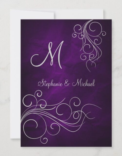 Elegant Purple Silver Monogram Wedding Invitation