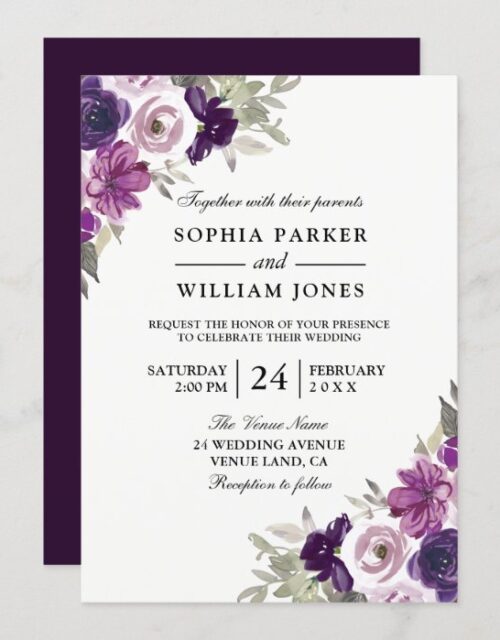 Elegant Purple Violet Floral Winter Wedding Invitation