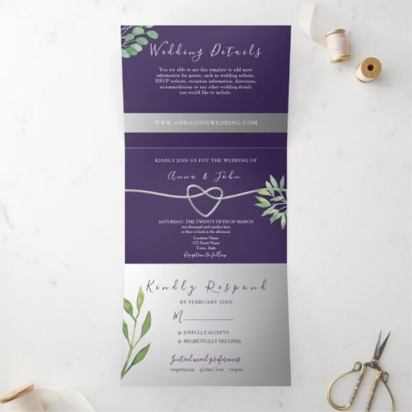 Elegant Purple Wedding Tri-Fold Invitation