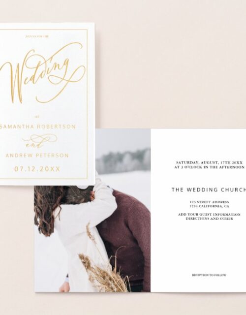 Elegant real foil minimalist calligraphy wedding foil card