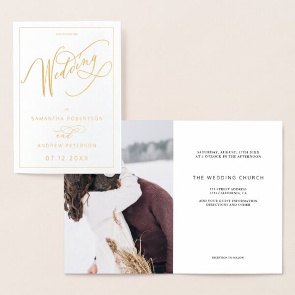 Elegant real foil minimalist calligraphy wedding foil card