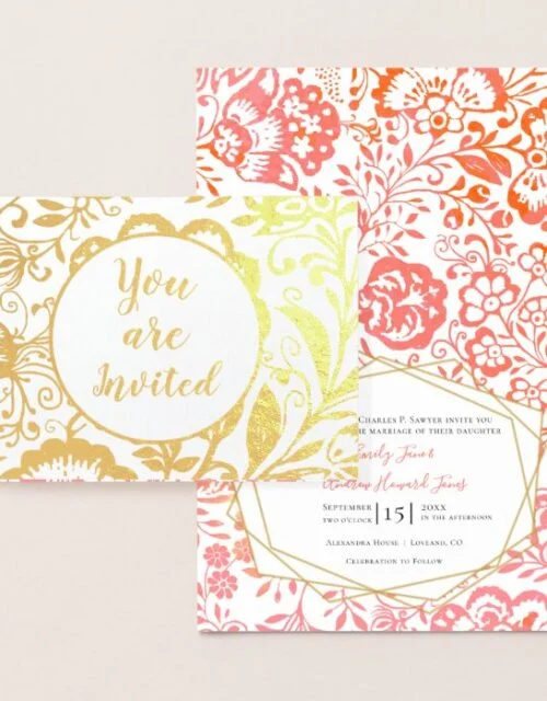 Elegant Real Gold Foil Floral Wedding Invitation