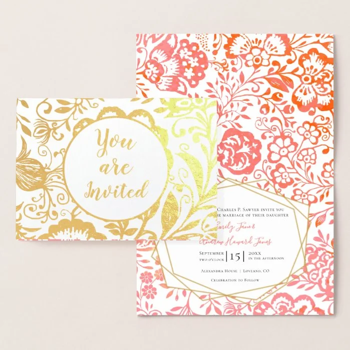 Elegant Real Gold Foil Floral Wedding Invitation