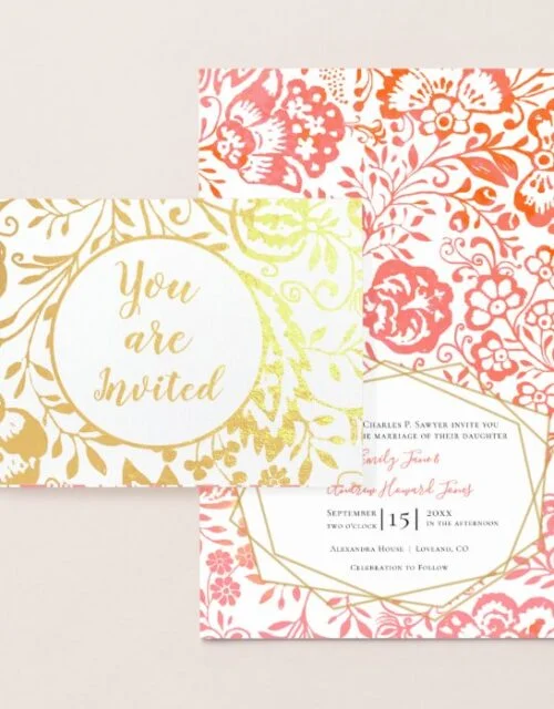 Elegant Real Gold Foil Floral Wedding Invitations
