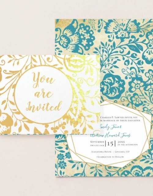 Elegant Real Gold Foil Floral Wedding Invitations