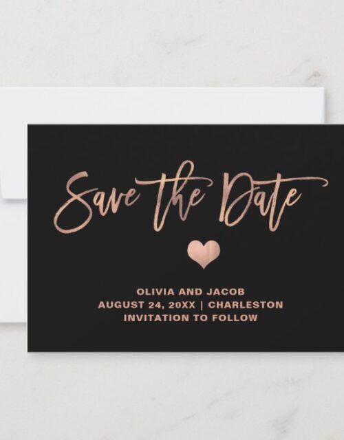 Elegant Rose Gold on Black with Heart Save The Date