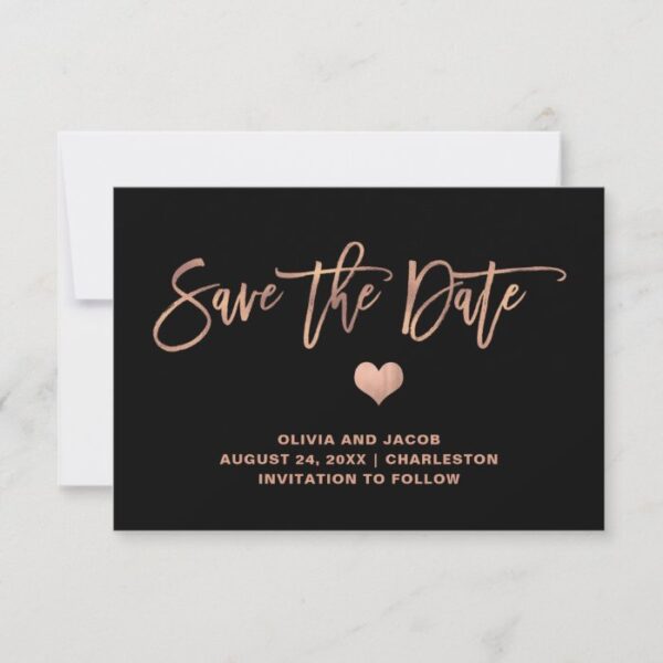 Elegant Rose Gold on Black with Heart Save The Date