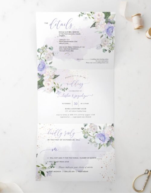 Elegant Rustic Dusty Purple Watercolor Roses Tri-Fold Invitation