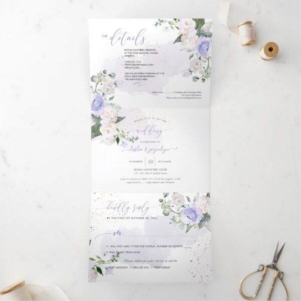 Elegant Rustic Dusty Purple Watercolor Roses Tri-Fold Invitation