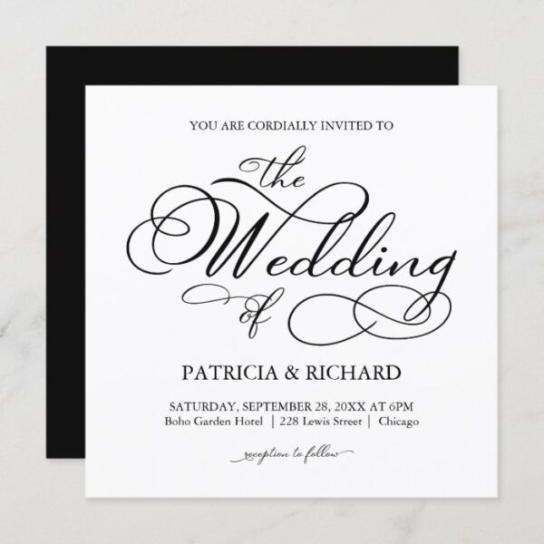 Elegant Script Black And White Wedding Invitation