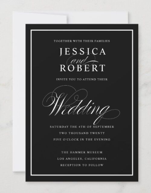 Elegant Script Black & White Wedding Black Invitation