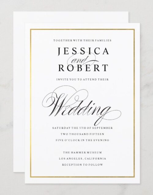 Elegant Script Faux Gold Border Wedding Invitation