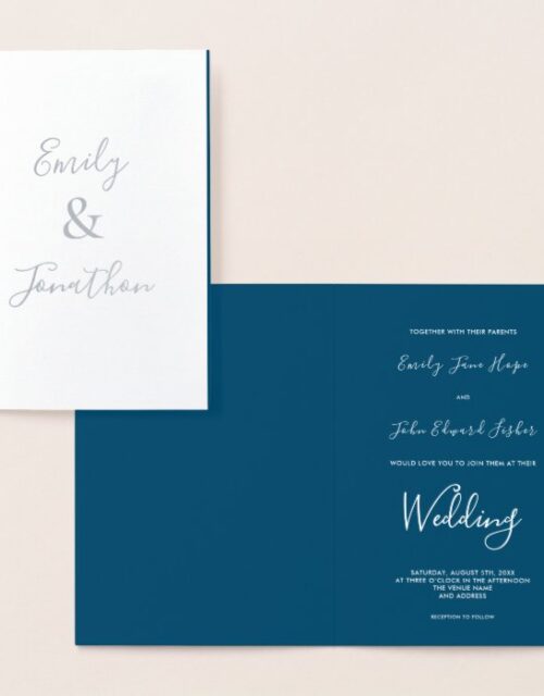 Elegant Script Text Names Silver Wedding Foil Card