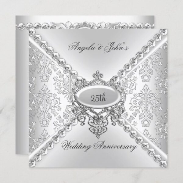 Elegant Silver 25th Wedding Anniversary Damask Invitation