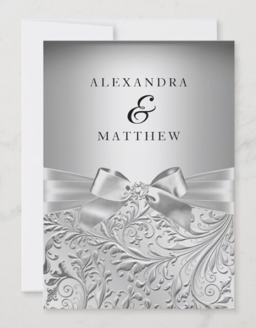 Elegant Silver Bow Silver Leaf Swirl Wedding Invitation