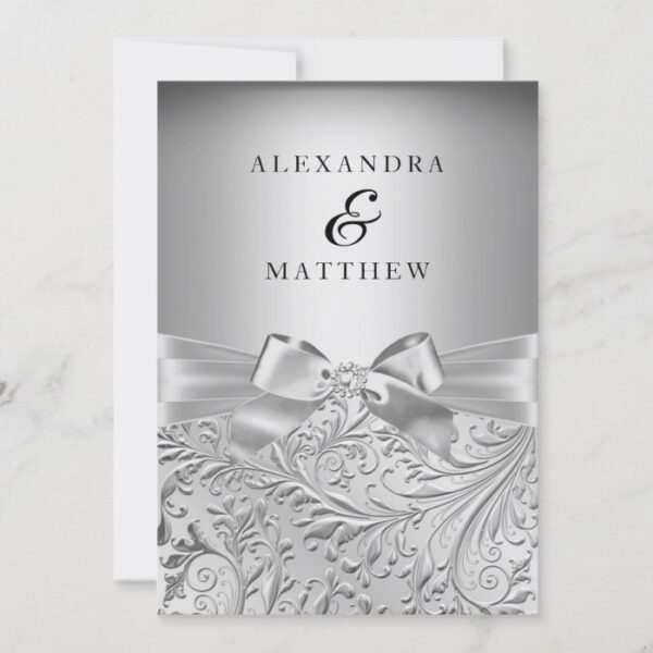 Elegant Silver Bow Silver Leaf Swirl Wedding Invitation
