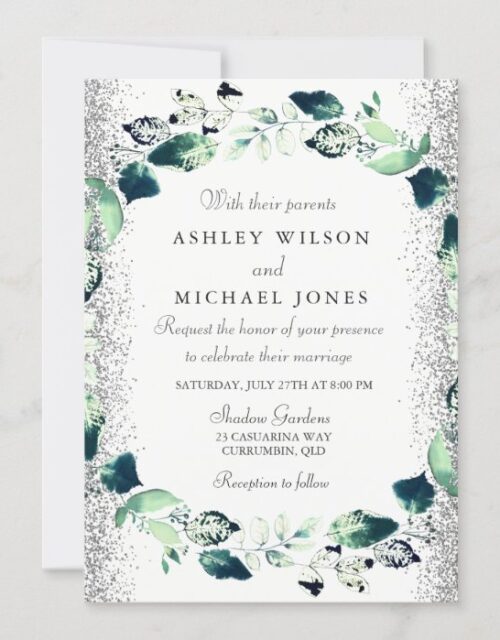 Elegant Silver Glitter Leaf Wreath Wedding Invite